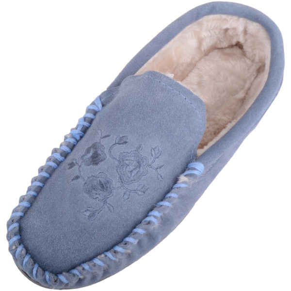 Ladies Genuine Suede Moccasin Slippers with Floral Design
