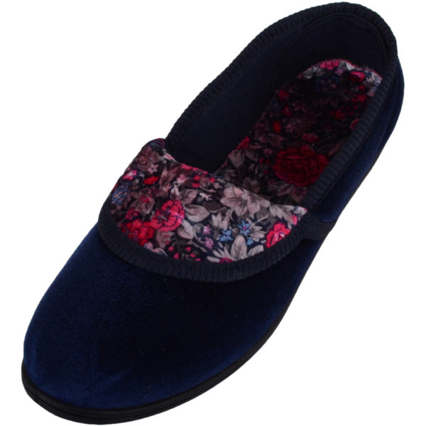 Women’s Soft Velour Style Slip On Slippers with Floral Design