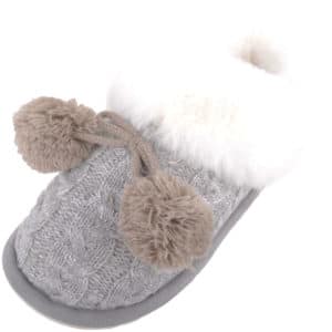 Women's Evelyn Knitted Style Mule Slipper with Pom Poms - Grey